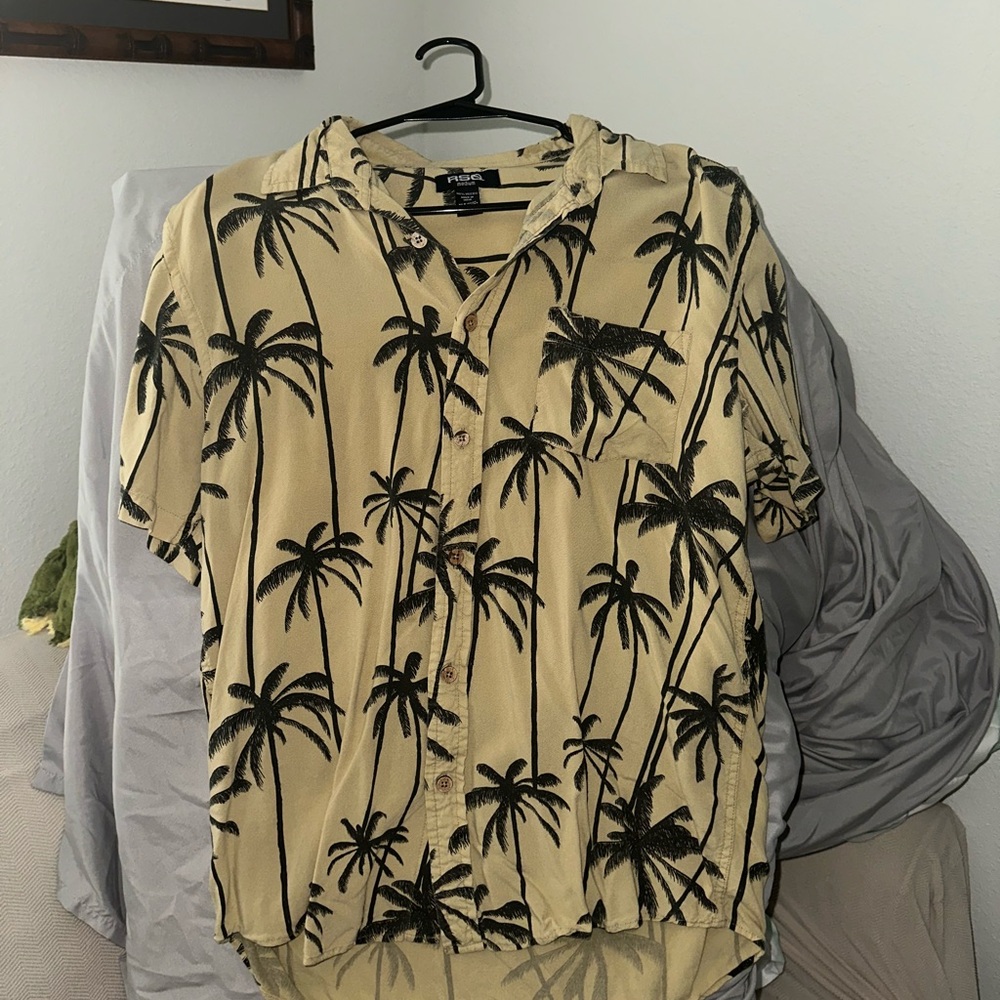 RSQ Tan and Black Casual Button Down Shirt with Palm Tree Pattern